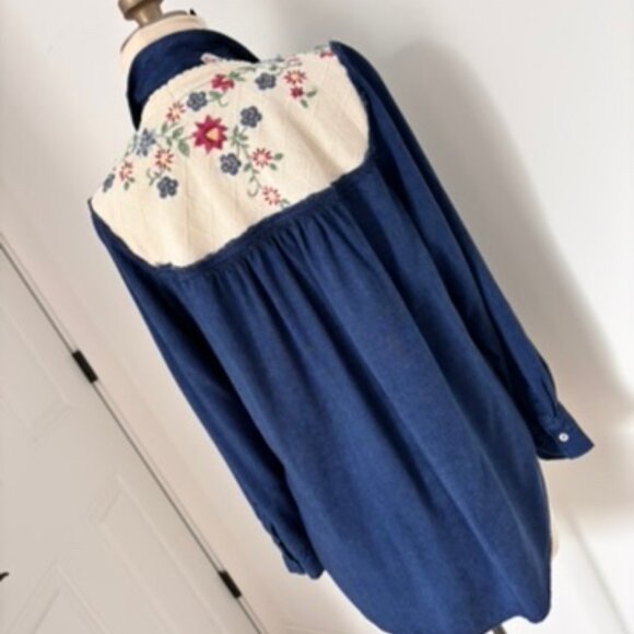 Upcycled Tops - Upcycled chambray blouse with sweater embroidered back yoke